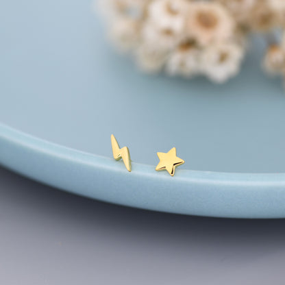 Mismatched Tiny Star and Lightning Bolt Stud Earrings in Sterling Silver, Asymmetric Extra Small Star and Lightning Bolt Fun Earrings