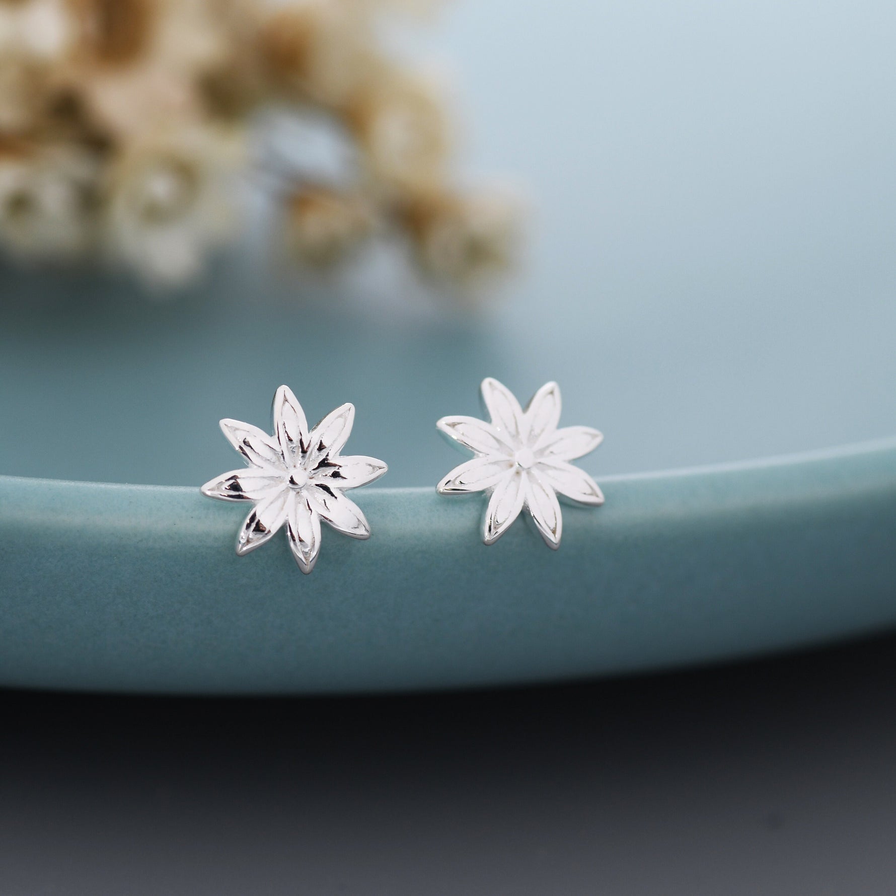 Star Anise Stud Earrings in Sterling Silver, Silver or Gold, Flower Earrings