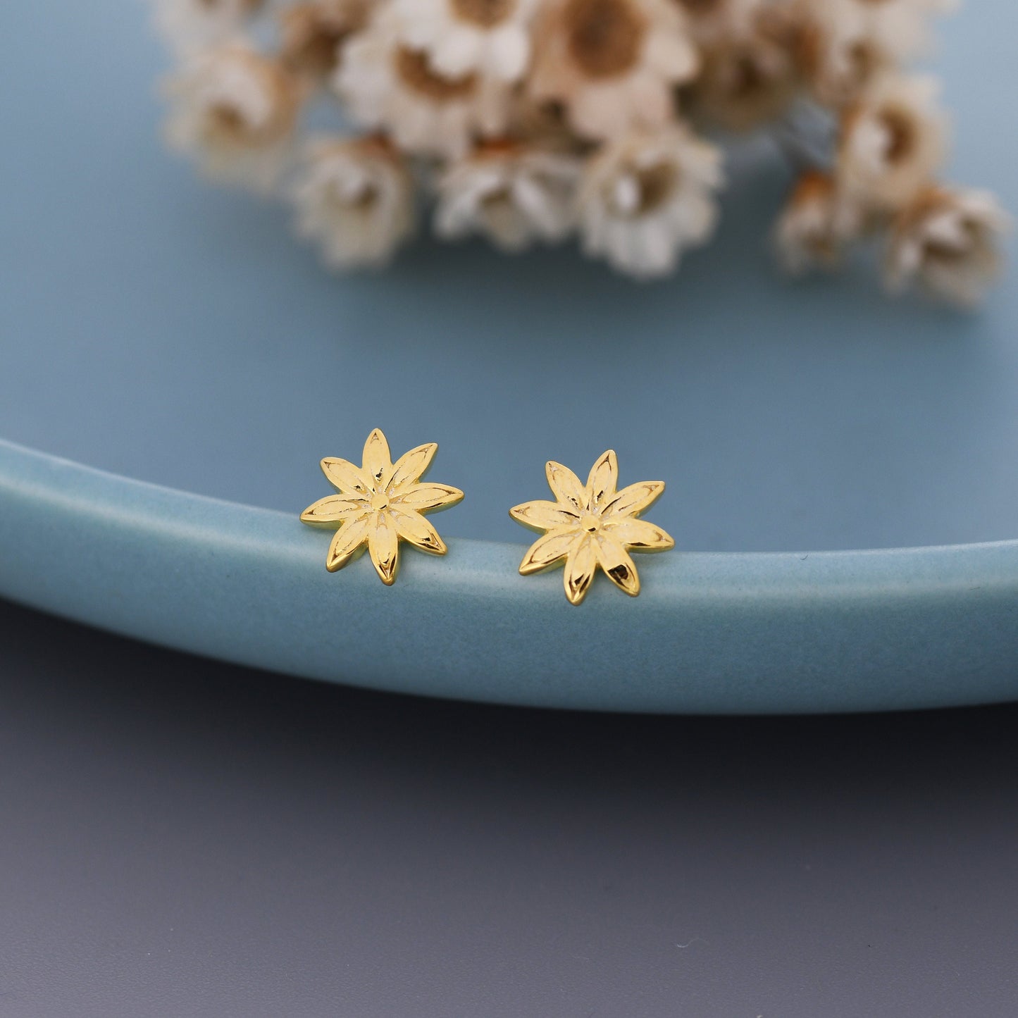 Star Anise Stud Earrings in Sterling Silver, Silver or Gold, Flower Earrings