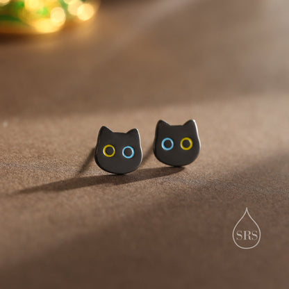 Black Odd-eyed Cat Stud Earrings in Sterling Silver, Black Rhodium Coated Cat Earrings, Cute Cat Earrings, Silver Cat Earrings,