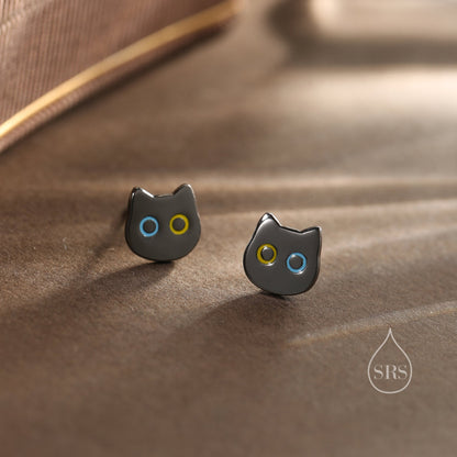 Black Odd-eyed Cat Stud Earrings in Sterling Silver, Black Rhodium Coated Cat Earrings, Cute Cat Earrings, Silver Cat Earrings,