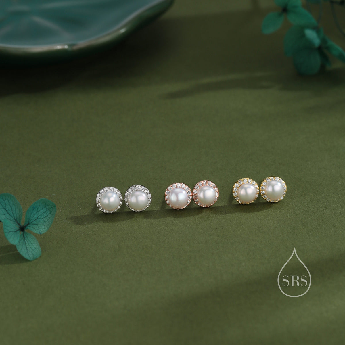 Freshwater Keshi Pearl Halo CZ Stud Earrings