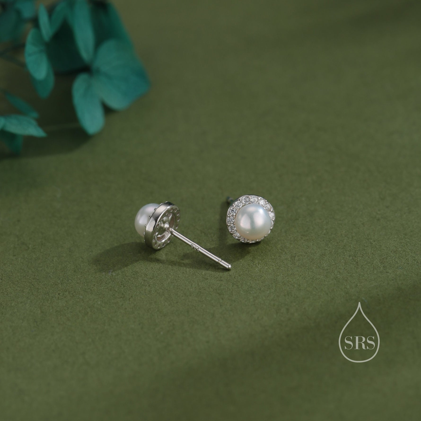 Genuine Freshwater Pearl CZ Stud Earrings in Sterling Silver, Delicate Keshi Pearl Halo CZ Earrings, Genuine Freshwater Pearls.