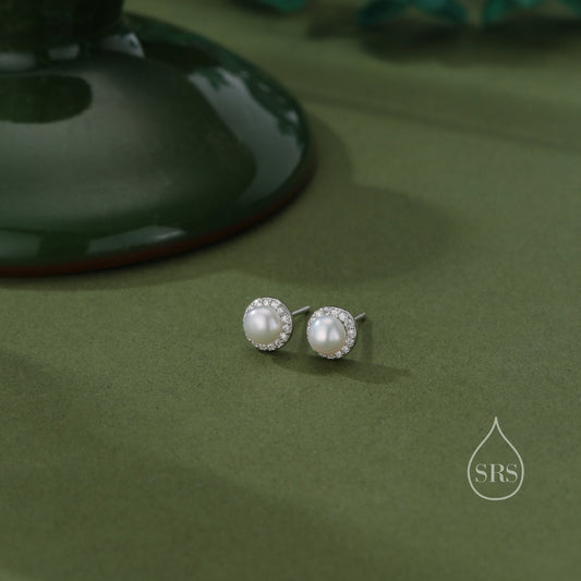 Genuine Freshwater Pearl CZ Stud Earrings in Sterling Silver, Delicate Keshi Pearl Halo CZ Earrings, Genuine Freshwater Pearls.