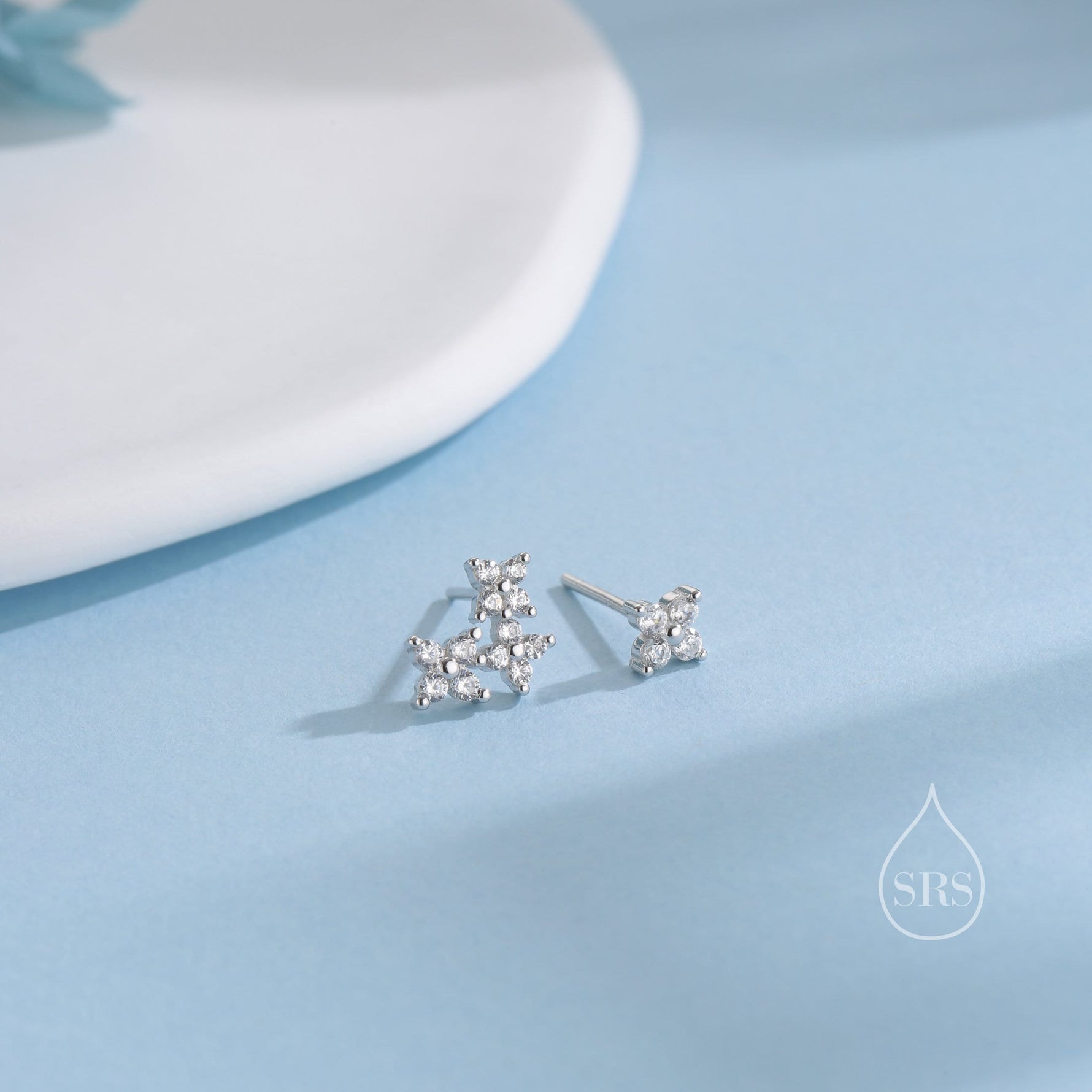 Asymmetric Hydrangea Flower Bouquet CZ Stud Earrings in Sterling Silver, Silver, Gold or Rose Gold, Mismatched CZ Flower Stud Earrings