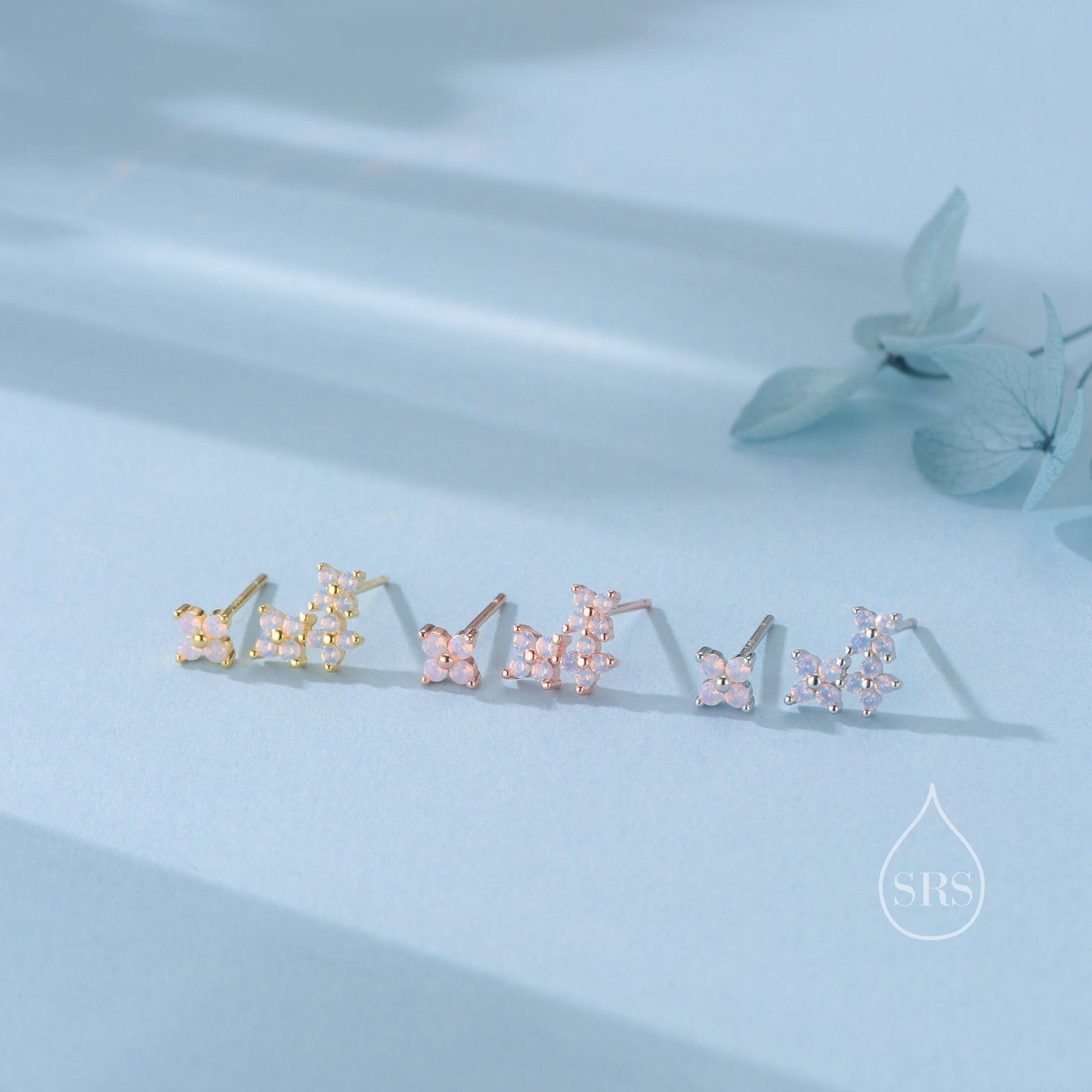 Asymmetric Hydrangea Flower Bouquet CZ Stud Earrings in Sterling Silver, Silver, Gold or Rose Gold, Mismatched Opal Pink Flower Earrings