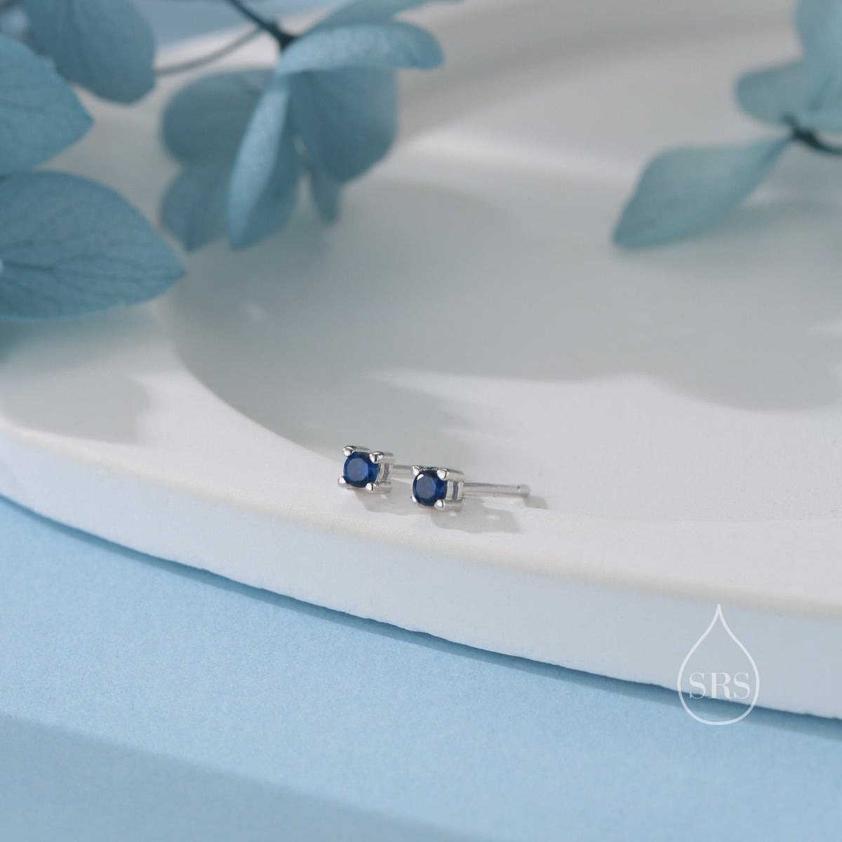 Extra Tiny 2mm Sapphire Blue CZ Stud Earrings in Sterling Silver, Silver or Gold, Barely Visible Stud Earrings, 2mm Blue Earrings