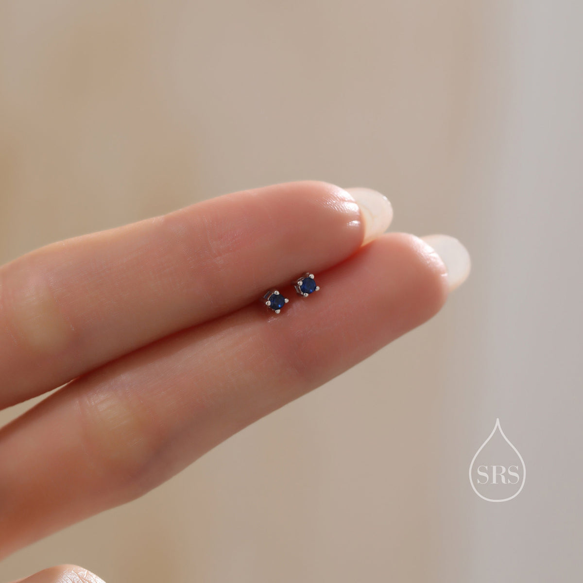 Extra Tiny 2mm Sapphire Blue CZ Stud Earrings in Sterling Silver, Silver or Gold, Barely Visible Stud Earrings, 2mm Blue Earrings
