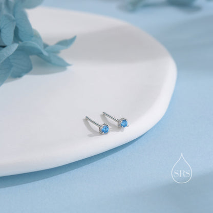 Extra Tiny 2mm Aquamarine Blue CZ Stud Earrings in Sterling Silver, Silver or Gold, Barely Visible Stud Earrings, 2mm Blue Earrings