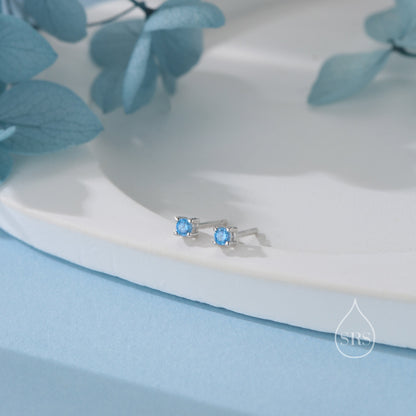 Extra Tiny 2mm Aquamarine Blue CZ Stud Earrings in Sterling Silver, Silver or Gold, Barely Visible Stud Earrings, 2mm Blue Earrings