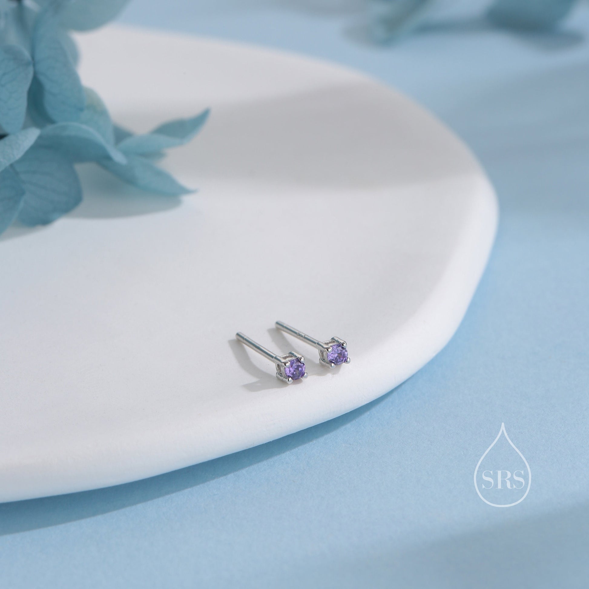 Extra Tiny 2mm Amethyst Purple CZ Stud Earrings in Sterling Silver, Silver or Gold, Barely Visible Stud Earrings, 2mm Purple Earrings