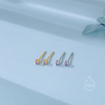 Extra Tiny 2mm Amethyst Purple CZ Stud Earrings in Sterling Silver, Silver or Gold, Barely Visible Stud Earrings, 2mm Purple Earrings