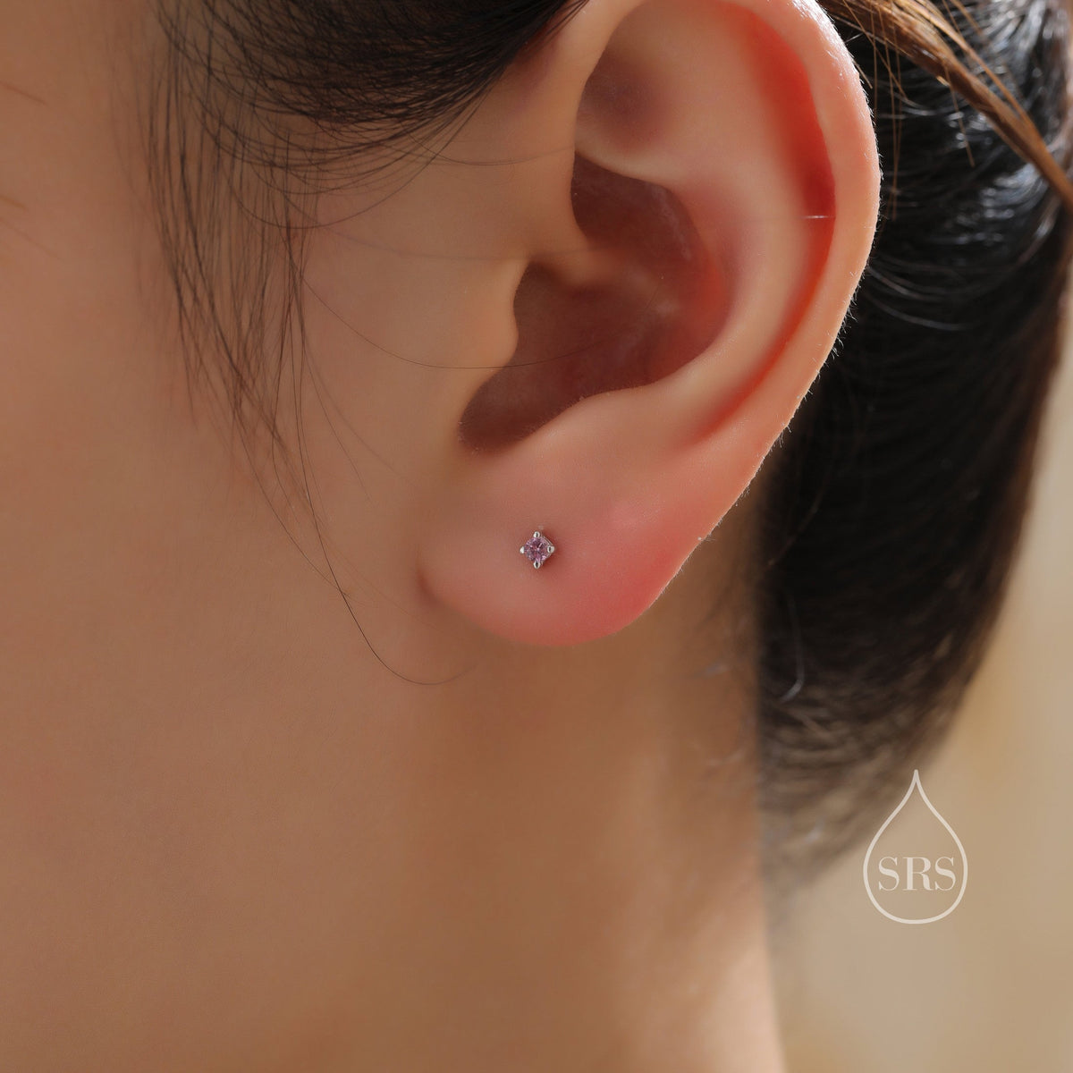 Extra Tiny 2mm Amethyst Purple CZ Stud Earrings in Sterling Silver, Silver or Gold, Barely Visible Stud Earrings, 2mm Purple Earrings