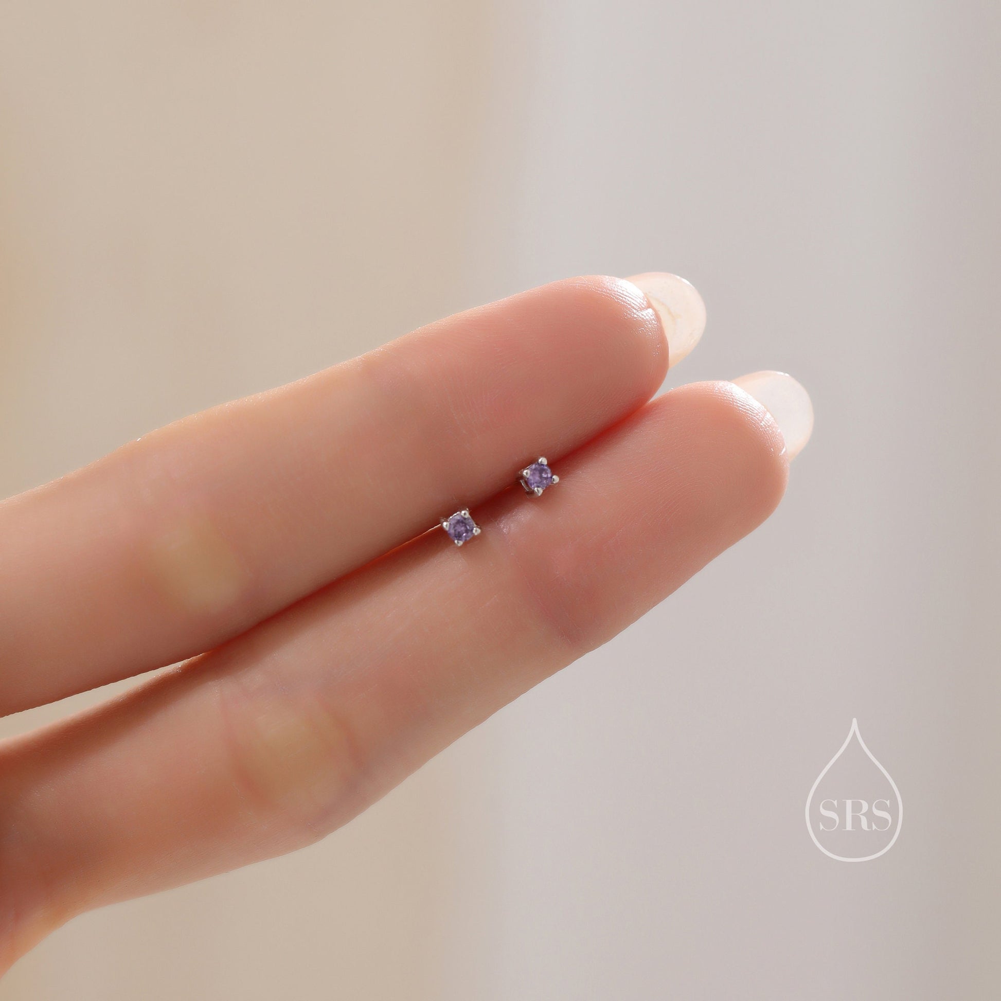 Extra Tiny 2mm Amethyst Purple CZ Stud Earrings in Sterling Silver, Silver or Gold, Barely Visible Stud Earrings, 2mm Purple Earrings