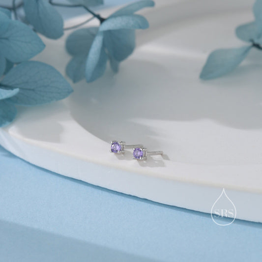 Extra Tiny 2mm Amethyst Purple CZ Stud Earrings in Sterling Silver, Silver or Gold, Barely Visible Stud Earrings, 2mm Purple Earrings