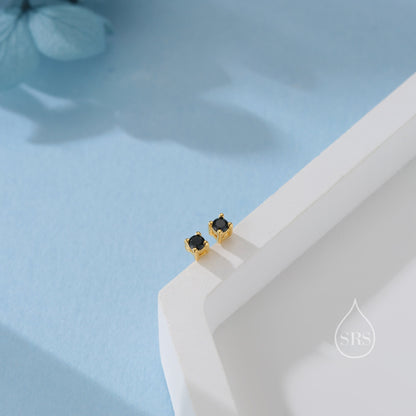 Extra Tiny 2mm Black CZ Stud Earrings in Sterling Silver, Silver or Gold, Barely Visible Stud Earrings, 2mm Black Earrings