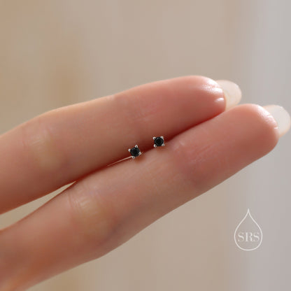 Extra Tiny 2mm Black CZ Stud Earrings in Sterling Silver, Silver or Gold, Barely Visible Stud Earrings, 2mm Black Earrings