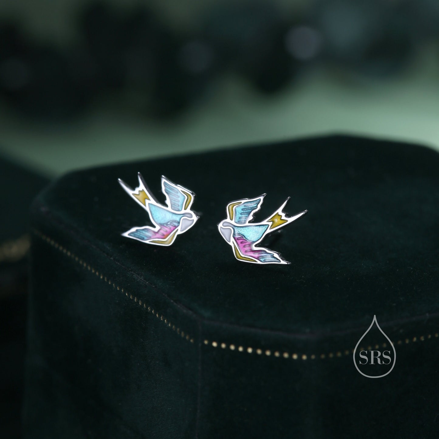 Sterling Silver Tatoo Inspired Swallow Bird Stud Earrings, Enamel Painted Swallow Bird Stud Earrings, Fun and Quirky Colour Bird Stud