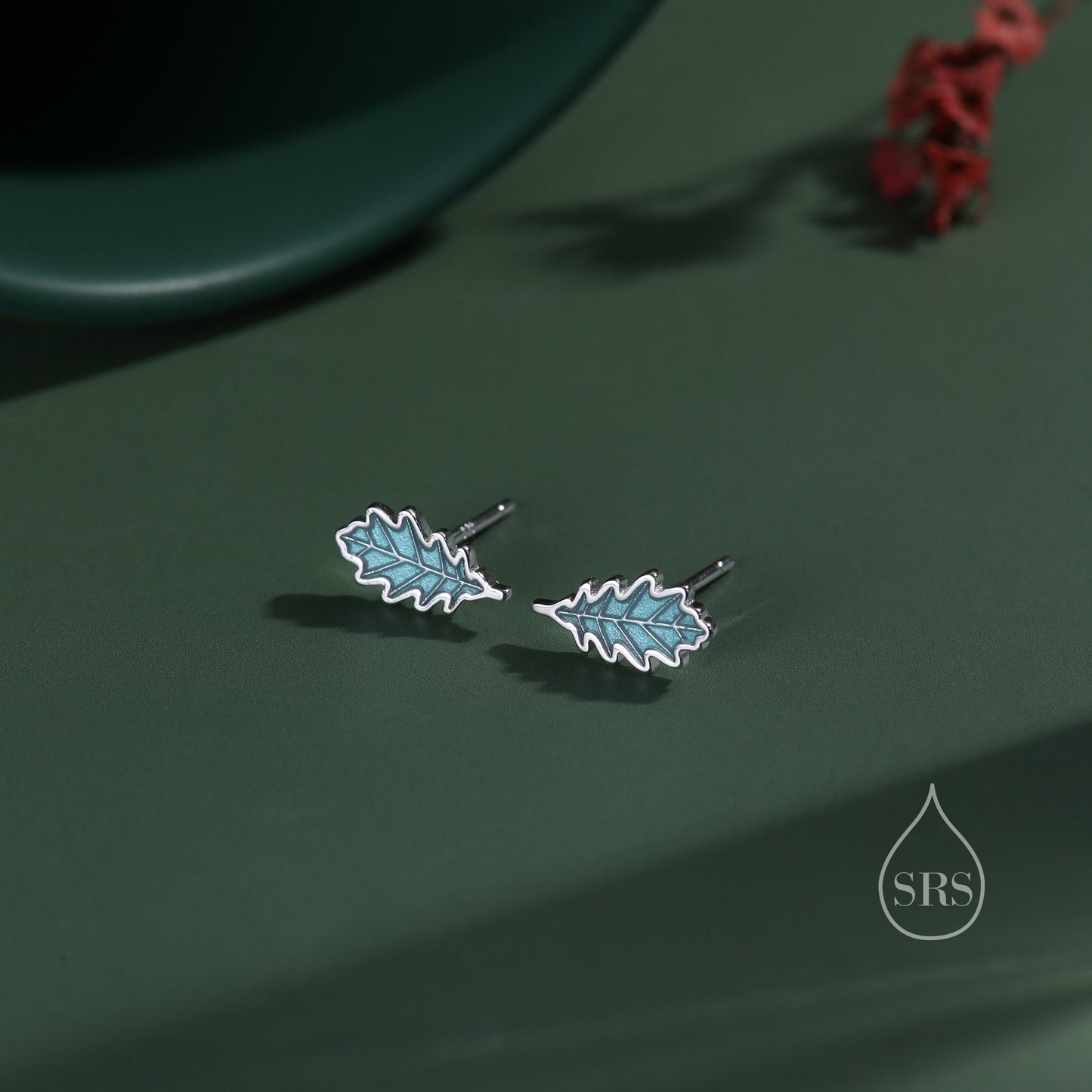 Enamel Oak Leaf Stud Earrings in Sterling Silver, Petite Acorn Leaf Earrings, Small Leaf Stud, Nature Inspired