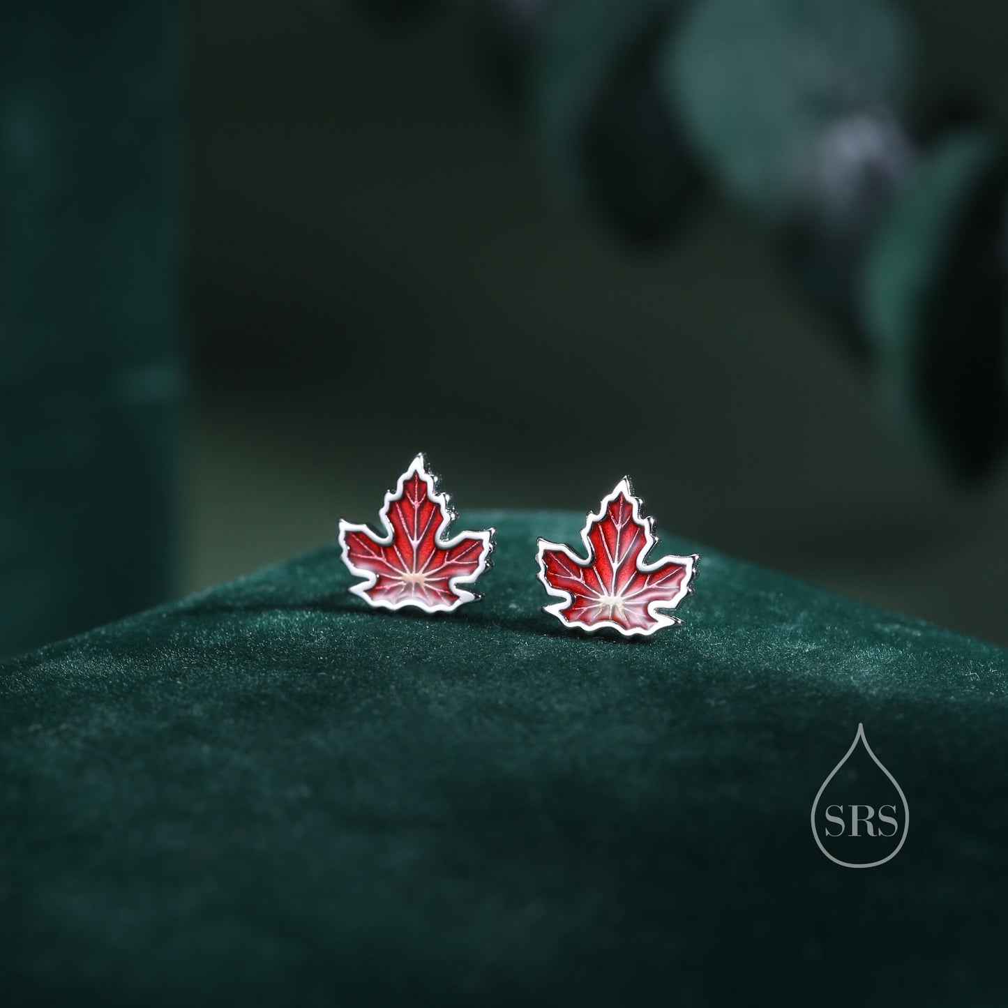 Enamel Maple Leaf Stud Earrings in Sterling Silver, Petite Maple Leaf Earrings, Small Leaf Stud, Nature Inspired