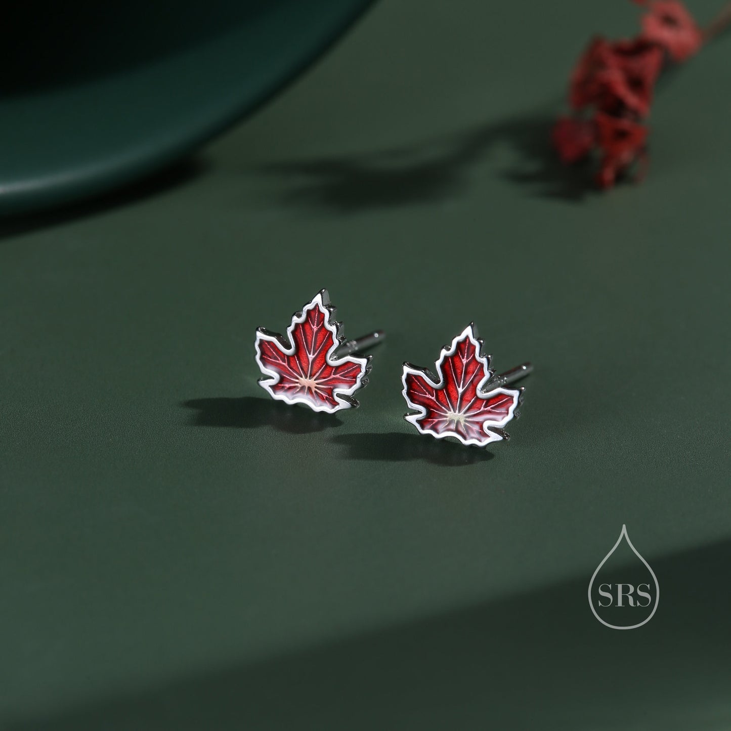 Enamel Maple Leaf Stud Earrings in Sterling Silver, Petite Maple Leaf Earrings, Small Leaf Stud, Nature Inspired