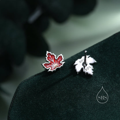 Enamel Maple Leaf Stud Earrings in Sterling Silver, Petite Maple Leaf Earrings, Small Leaf Stud, Nature Inspired