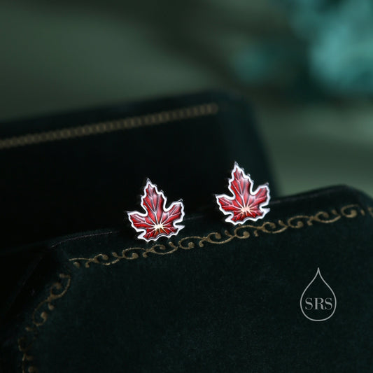 Enamel Maple Leaf Stud Earrings in Sterling Silver, Petite Maple Leaf Earrings, Small Leaf Stud, Nature Inspired