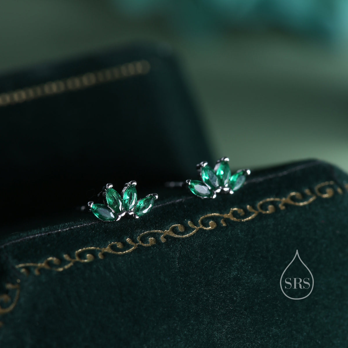 Green CZ Lotus Flower 18G Screw Back Earrings in Sterling Silver