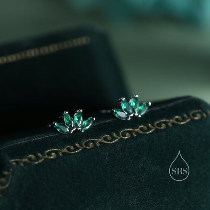 Green CZ Lotus Flower Screw Back Earrings in Sterling Silver, Silver or Gold, CZ Marquise Flower Barbell Earrings, Crown Piercing Earrings