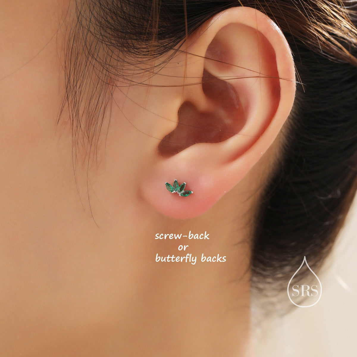 Green CZ Lotus Flower 18G Screw Back Earrings in Sterling Silver