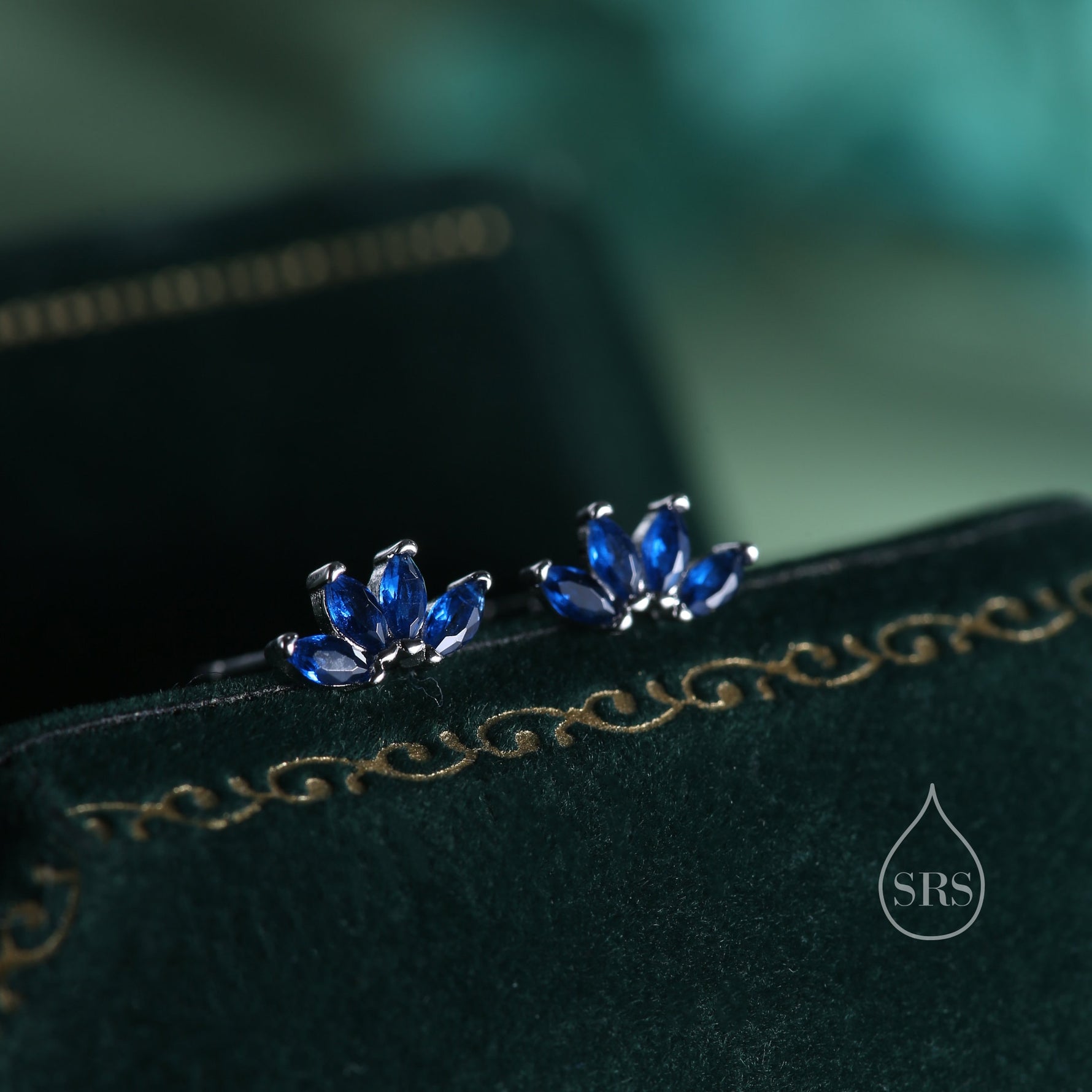 Sapphire Blue CZ Lotus Flower Stud Earrings in Sterling Silver
