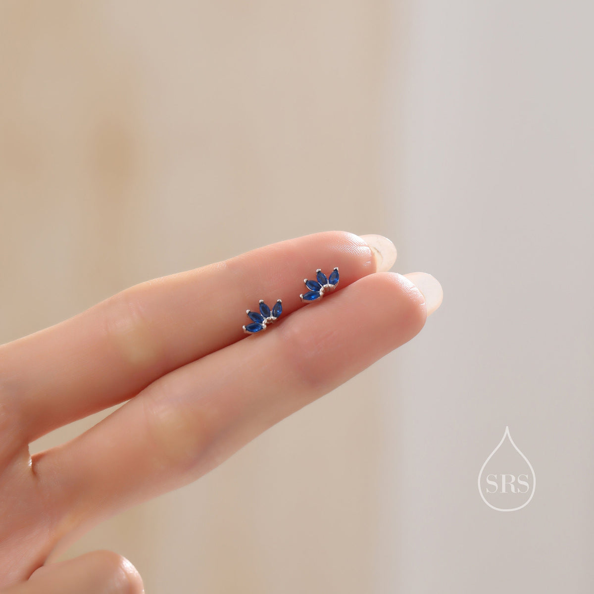 Sapphire Blue CZ Lotus Flower Stud Earrings in Sterling Silver