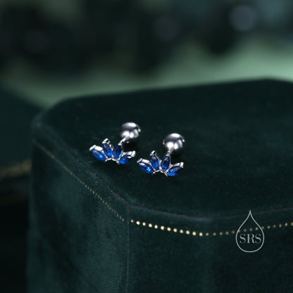 Sapphire Blue CZ Lotus Flower Screw Back Earrings in Sterling Silver, Silver or Gold, CZ Marquise Flower Barbell Earrings, Piercing Earrings