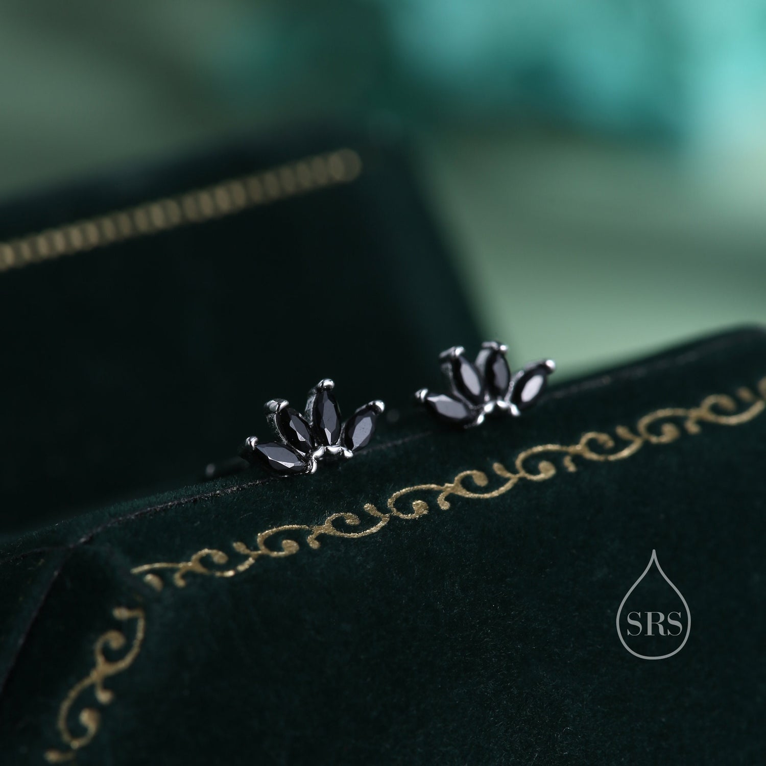 Black CZ Lotus Flower Stud Earrings in Sterling Silver