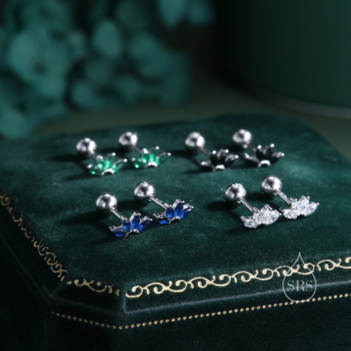 Black CZ Lotus Flower 18G Screw Back Earrings in Sterling Silver