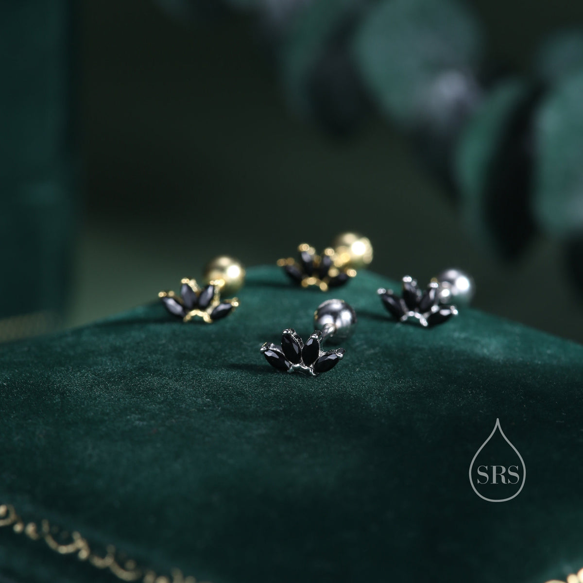 Black CZ Lotus Flower 18G Screw Back Earrings in Sterling Silver