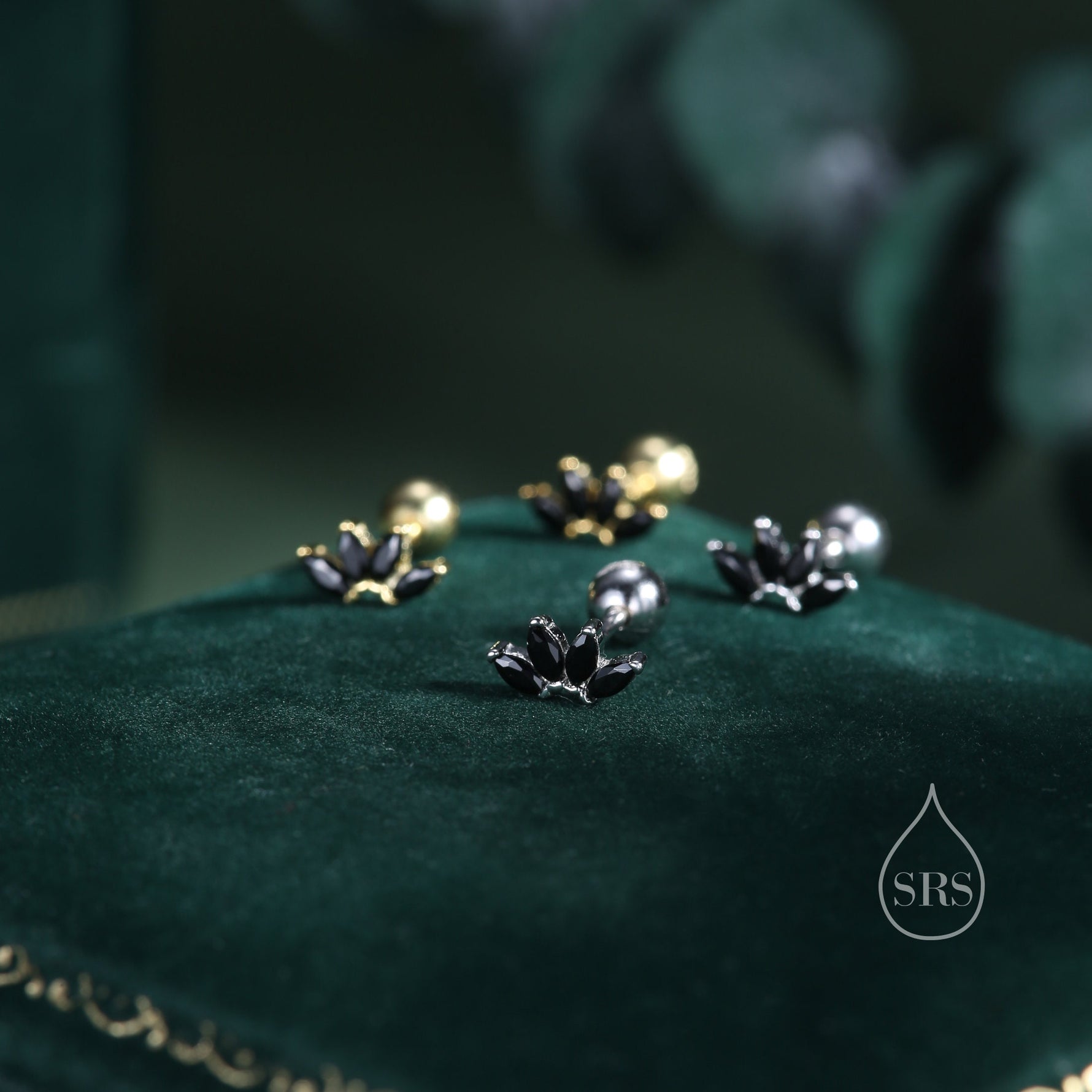 Black CZ Lotus Flower 18G Screw Back Earrings in Sterling Silver