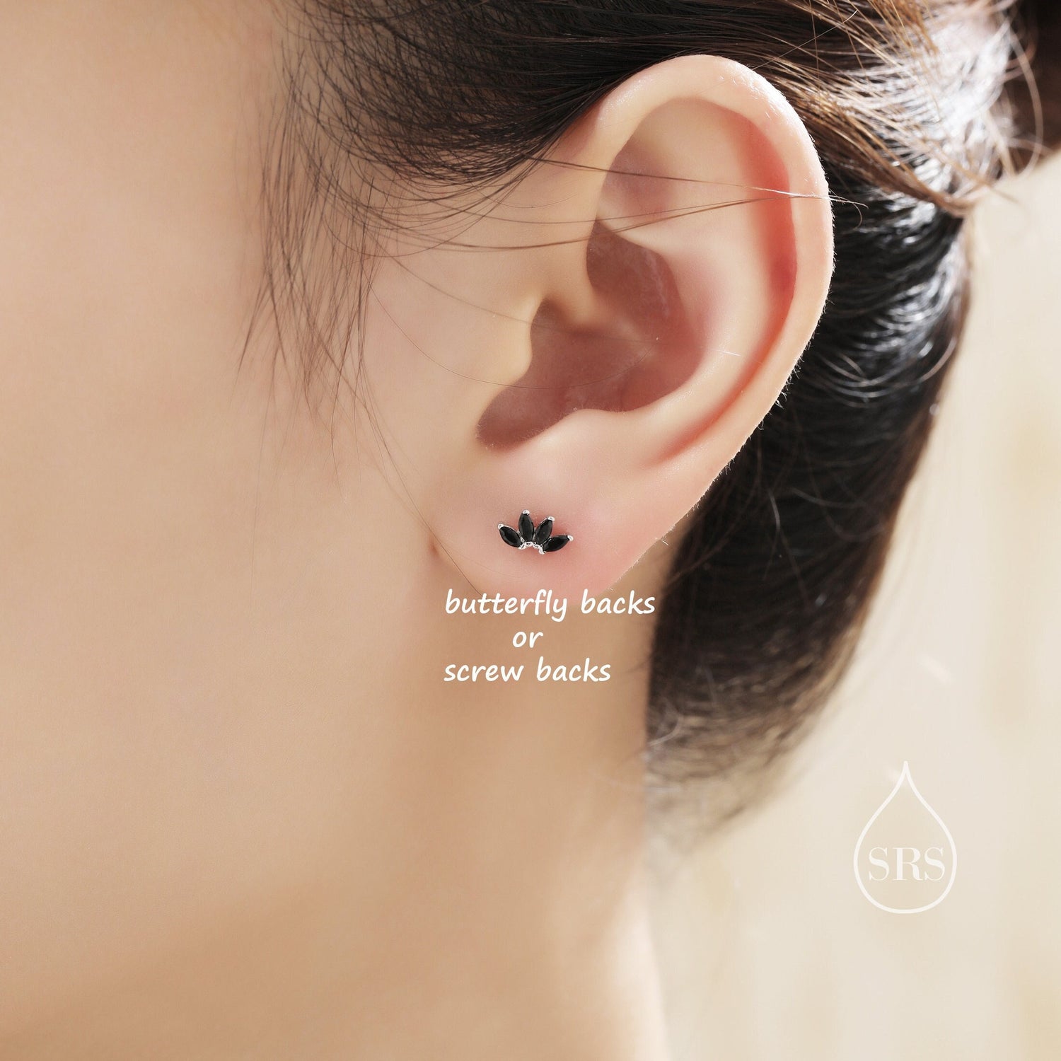 Black CZ Lotus Flower Stud Earrings in Sterling Silver