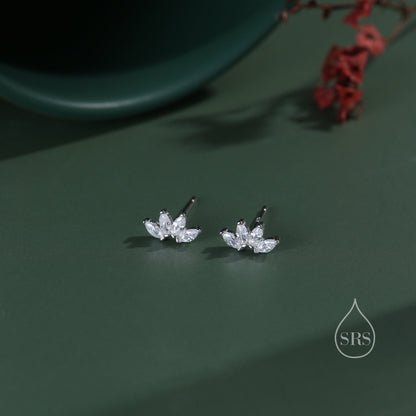 Lotus Flower CZ Screw Back Earrings in Sterling Silver, Silver or Gold, CZ Marquise Flower Barbell Earrings, Piercing Earrings