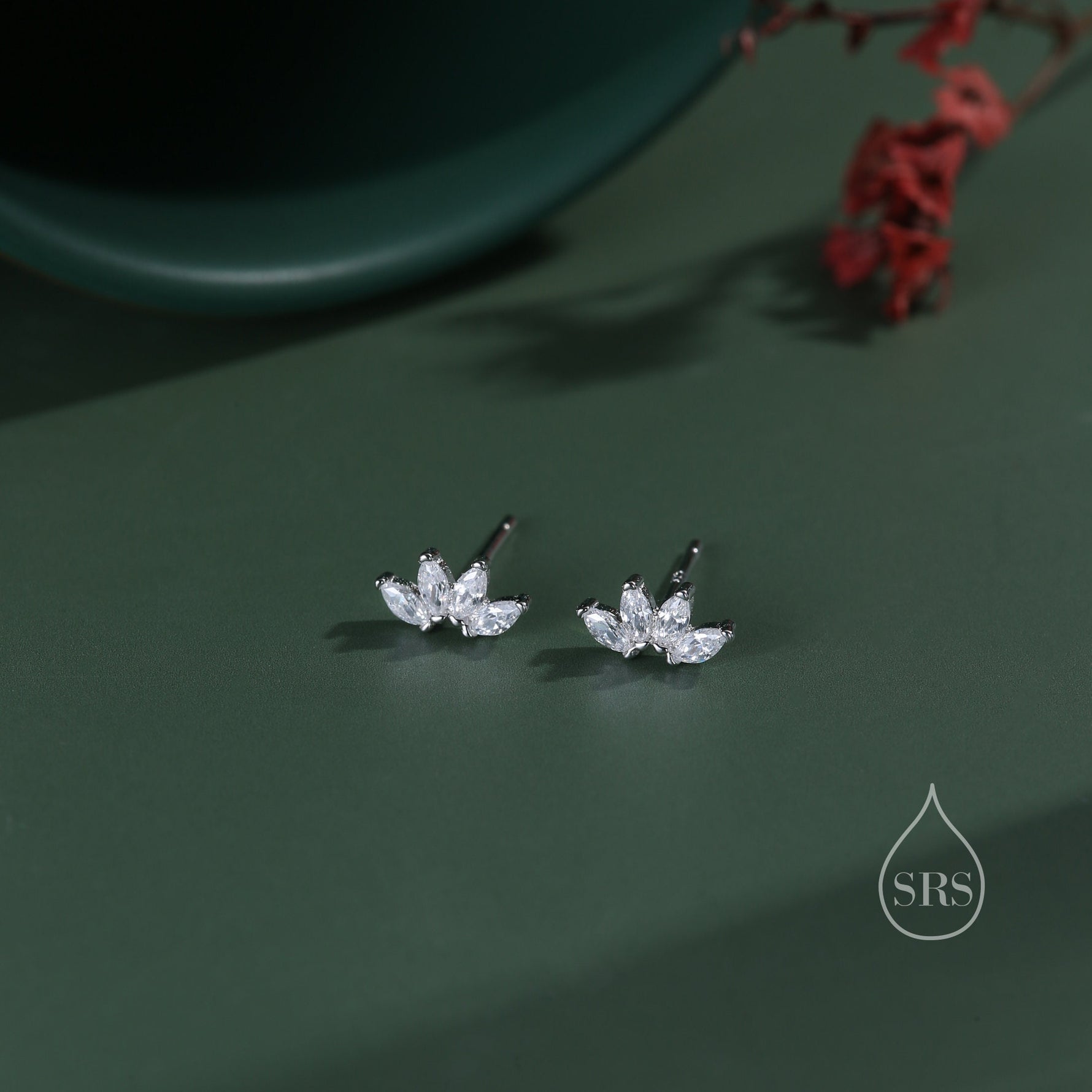 Lotus Flower CZ Screw Back or Stud Earrings in Sterling Silver, Silver or Gold, CZ Marquise Flower Barbell Earrings, Piercing Earrings