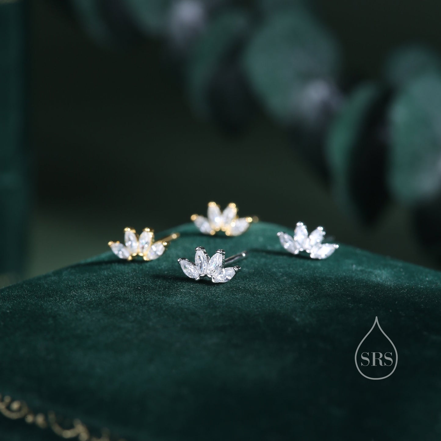 Lotus Flower CZ Screw Back Earrings in Sterling Silver, Silver or Gold, CZ Marquise Flower Barbell Earrings, Piercing Earrings
