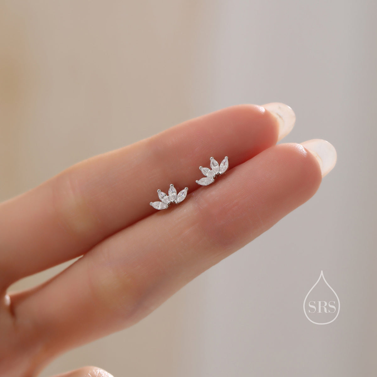 Lotus Flower CZ Screw Back or Stud Earrings in Sterling Silver, Silver or Gold, CZ Marquise Flower Barbell Earrings, Piercing Earrings