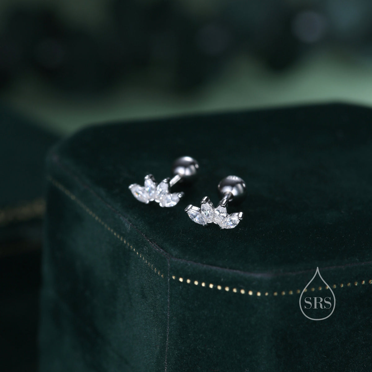 Lotus Flower CZ Screw Back or Stud Earrings in Sterling Silver, Silver or Gold, CZ Marquise Flower Barbell Earrings, Piercing Earrings