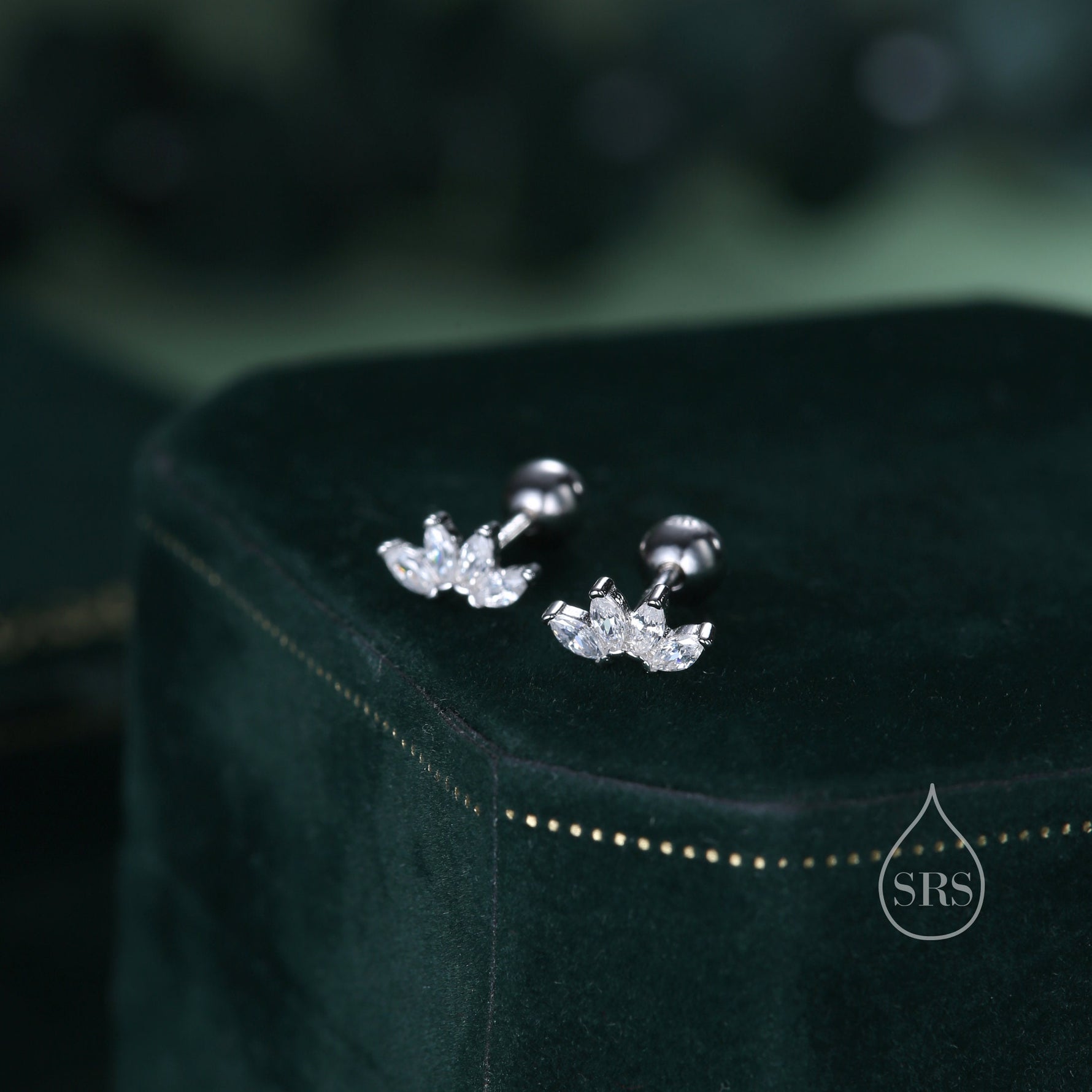 Lotus Flower CZ Screw Back or Stud Earrings in Sterling Silver, Silver or Gold, CZ Marquise Flower Barbell Earrings, Piercing Earrings