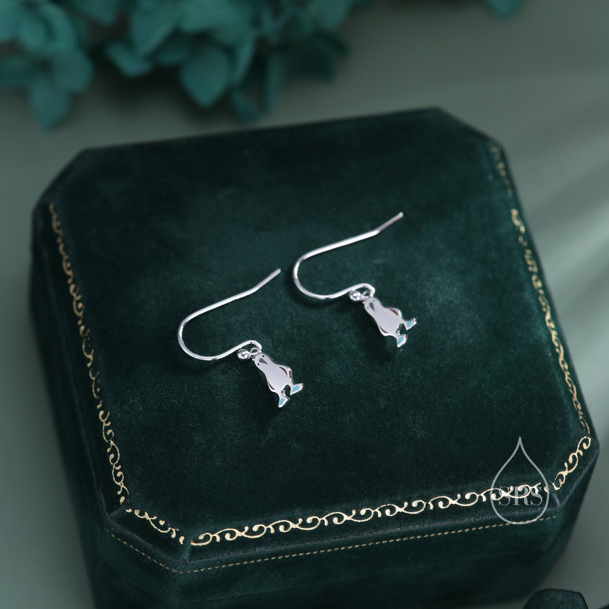 Sterling Silver Blue Footed Boobie Drop Hook Earrings, Tiny Blue-Footed Boobie Bird Dangle Earrings, Cute, Fun and Quirky Bird Jewellery