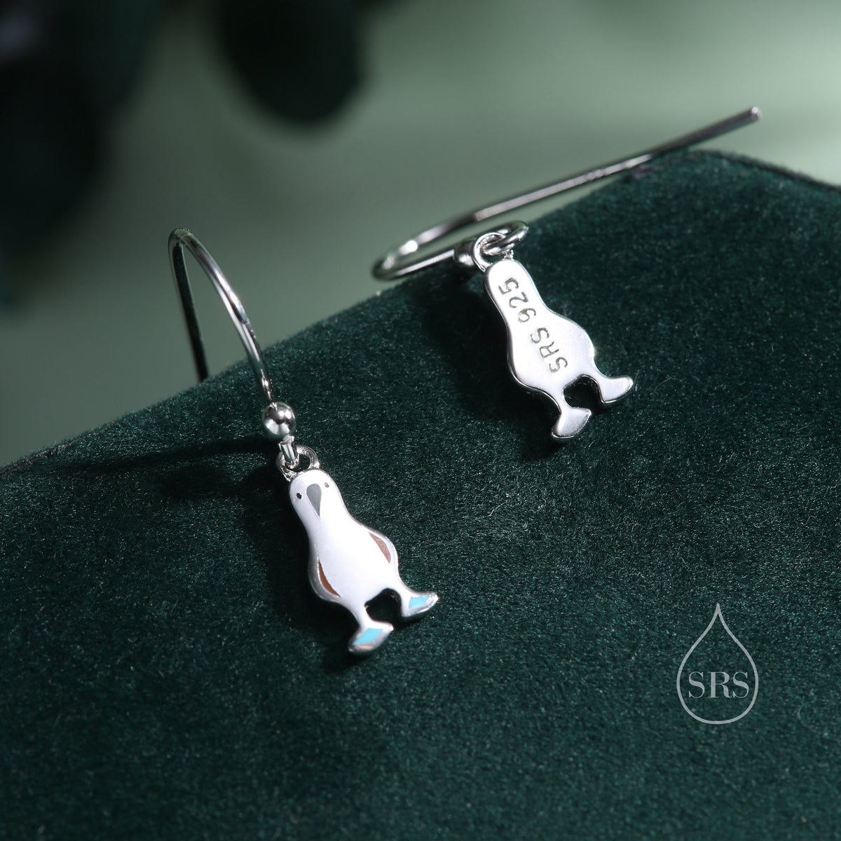 Sterling Silver Blue Footed Boobie Drop Hook Earrings, Tiny Blue-Footed Boobie Bird Dangle Earrings, Cute, Fun and Quirky Bird Jewellery