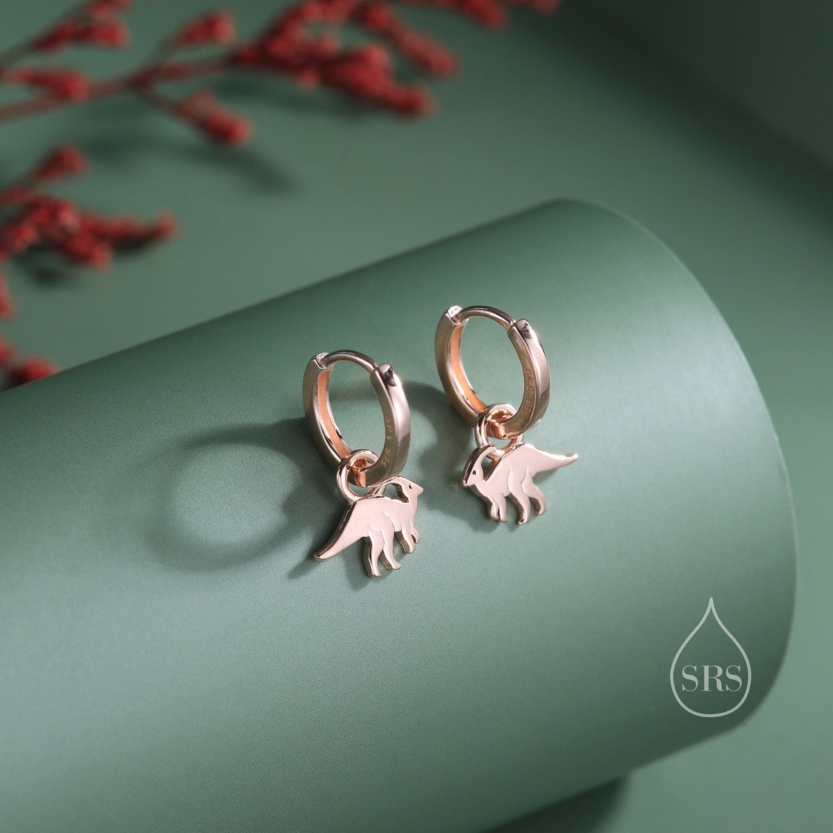 Sterling Silver Parasaurolophus Dinosaur Dangle Hoop Earrings, Silver, Gold or Rose Gold, Dinosaur Huggie Hoops, Interchangeable Detachable