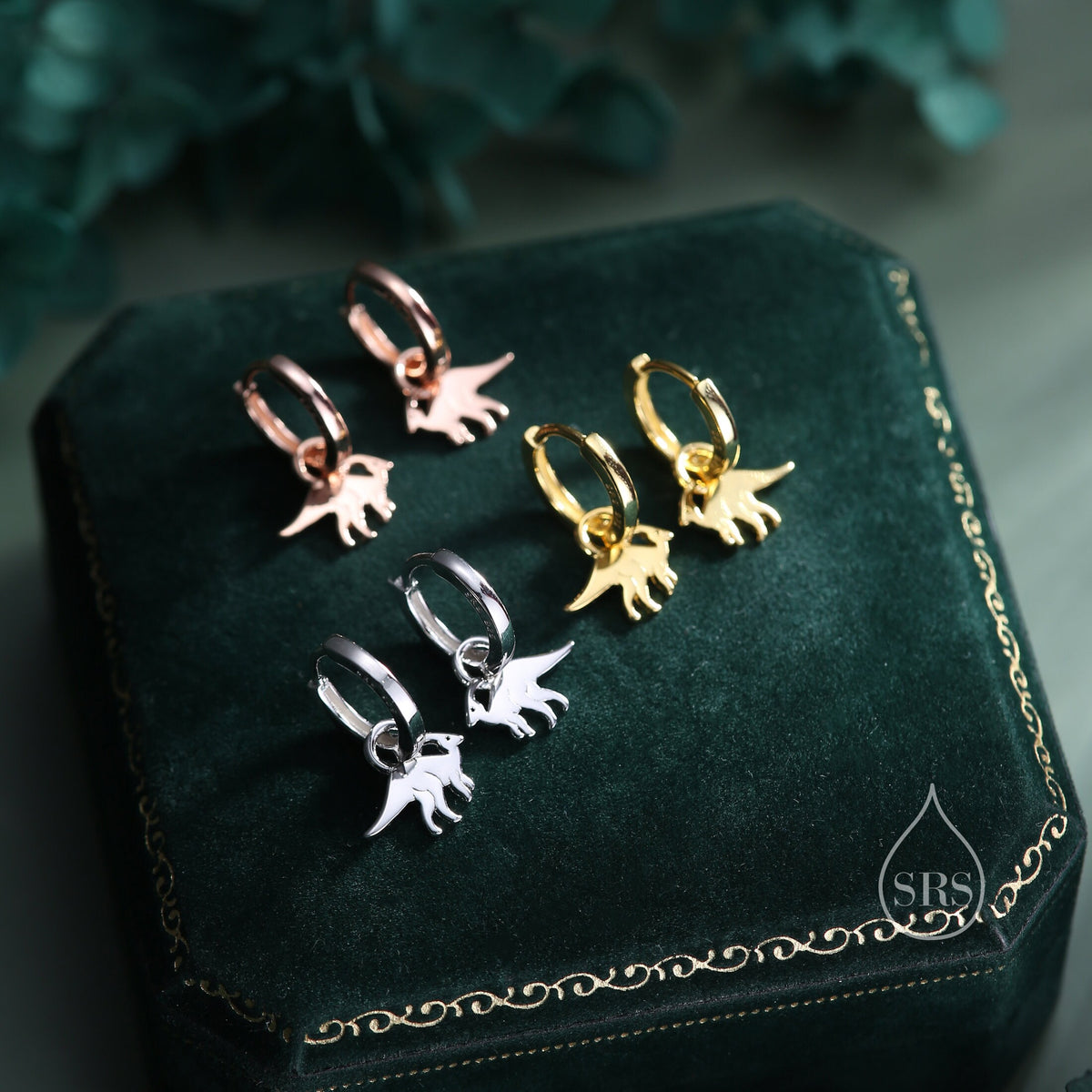 Sterling Silver Parasaurolophus Dinosaur Dangle Hoop Earrings, Silver, Gold or Rose Gold, Dinosaur Huggie Hoops, Interchangeable Detachable
