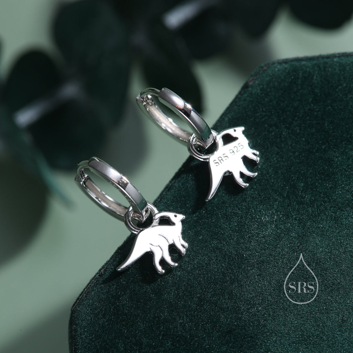Sterling Silver Parasaurolophus Dinosaur Dangle Hoop Earrings, Silver, Gold or Rose Gold, Dinosaur Huggie Hoops, Interchangeable Detachable