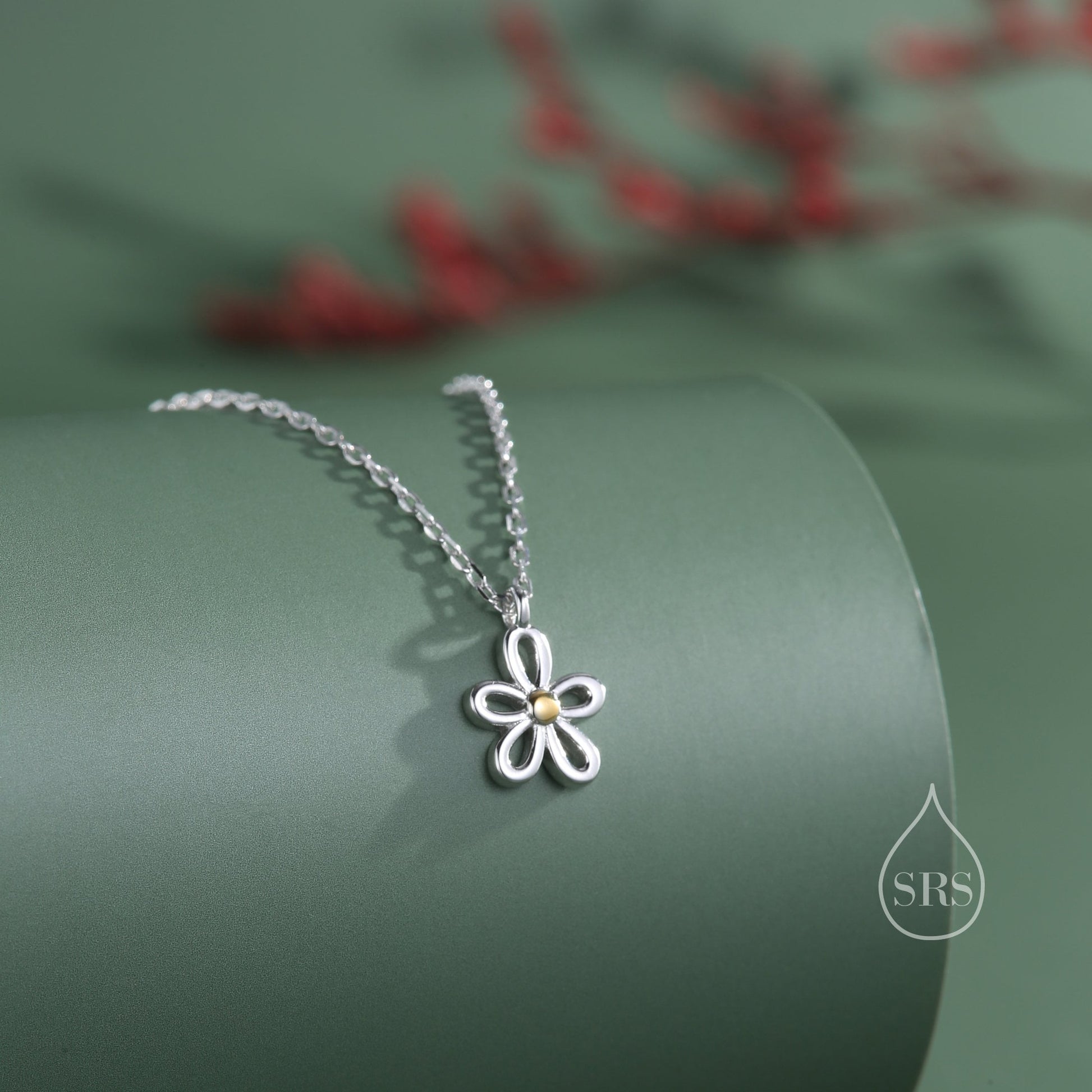 Sterling Silver Tiny Little Forget Me Not Flower Blossom Pendant Necklace with 18ct Gold Plating, Cut-Out Forget-me-not Necklace